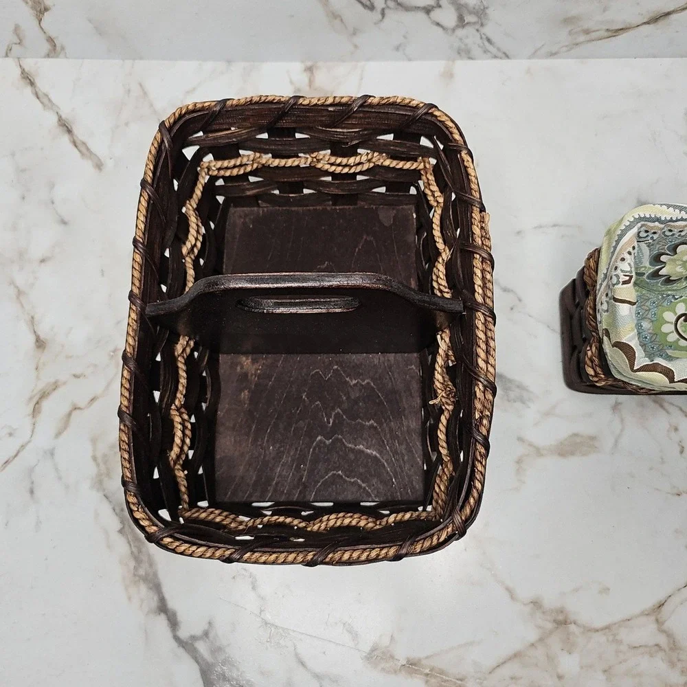 Handcrafted Brown Woven Wood Caddy & Lined Basket Set‎ Organization Cottagecore